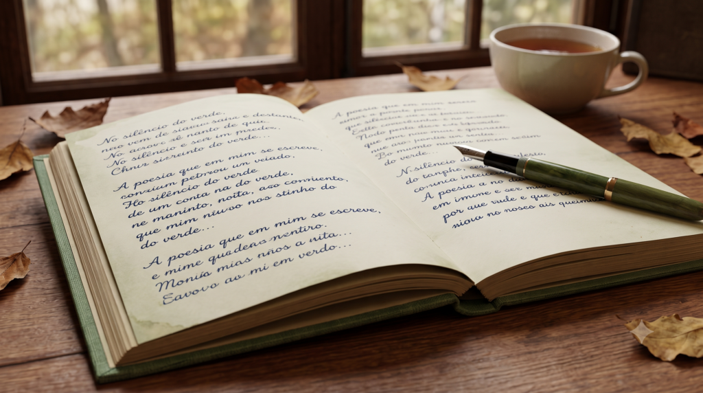 Livro aberto sobre uma mesa ao lado de uma caneta e uma xícara.